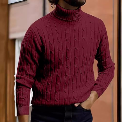 Turtleneck Cable Knit Sweater for Men 2024 Vintage Casual Warm Long Sleeve Top Solid Color Loose Thick Blouse2