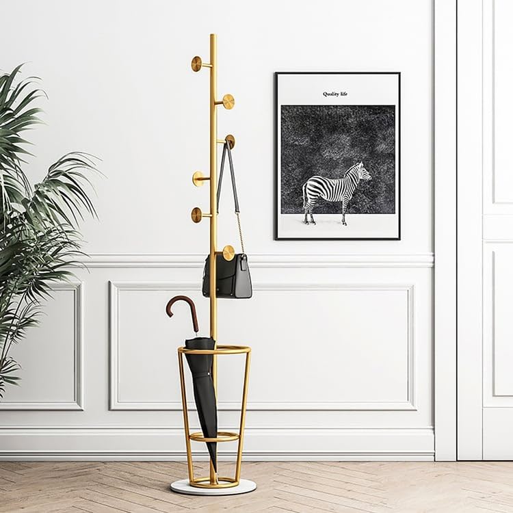 New Mark Impex Gold Metal Coat Rack with Umbrella Stand, Marble Base, 8 Hooks, 170cm Tall, Freestanding Entryway Hall Tree 4