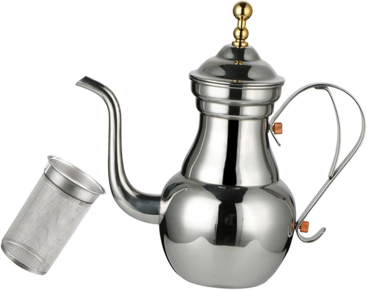 Cabilock Middle Eastern Style Stainless Steel Coffee Pot with Long Spout and Built in Filter Decorative Hand Brewing Kettle for Home Office Practical Tea and Coffee Brewing