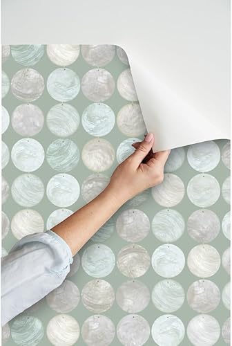 Miniatura 3 de Spoonflower Peel & Stick Wallpaper 12ft x 2ft - Capiz Shell Mint Circles Hawaii Boho Shells Custom Removable Wallpaper