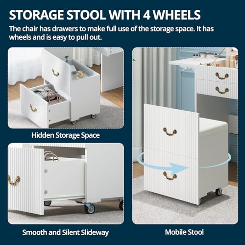 Image of FURSUN 3-in-1 Vanity with Flip Mirror & Lights, Fluted Compact Vanity Table with 3 Drawers, Storage Compartment and Rolling Stool, Modern Small Makeup Vanity for Bedroom, Powder Room, Solid White