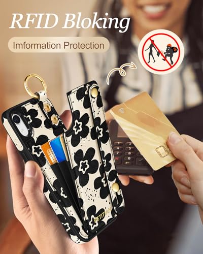 Petitian for iPhone XR Case with Wallet - Women Girls Cute Girly Aesthetic Unique Design Leather Credit Card Holder Cardholder Stand Wristband for iPhone XR, Black Flower - image 4