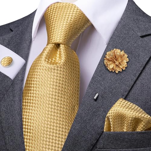 Image of Dubulle Tie and Lapel Pin for Men Mens Paisley /Stripe /Floral Necktie Pocket Square Cufflinks Wedding Party,Gold, Medium