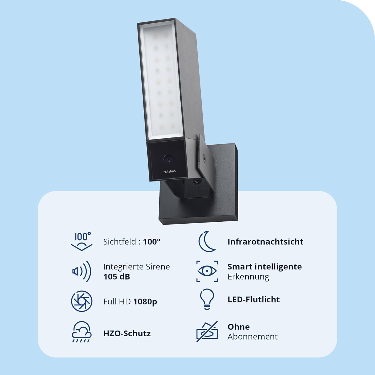Netatmo Smarte Überwachungskamera Außen, WLAN, Integrierte Beleuchtung 12W, Video HD 1080p 4MP, Bewegungserkennung, Nachtsicht, Ohne Abonnement, zusätzliche Micro-SD, NOC -AMZ