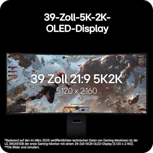 LG Ultragear™ 39GX950B-B 39 Zoll 21:9 Curved 5K2K OLED Gaming Monitor, 165Hz/330Hz Dual Mode, AI Upscaling, DisplayHDR True Black 500, AMD FreeSync Premium Pro, USB-C (90W), Schwarz