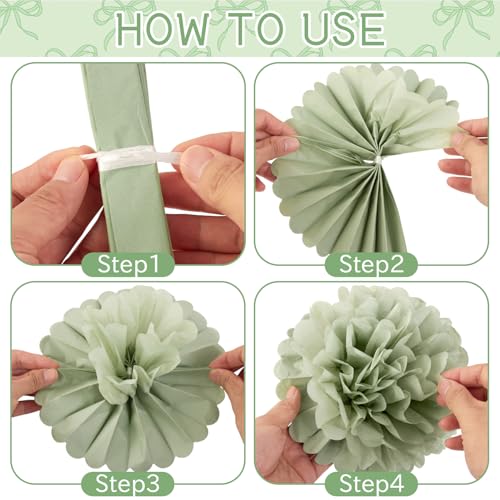 Image of EASY JOY Sage Green Tissue Pom Poms Paper Flowers Decorations Natural Green Boho Hanging Decor for Safari Jungle Party Bridal Shower Baby Shower Home Decor Nursery Birthday Backdrop 15PCS