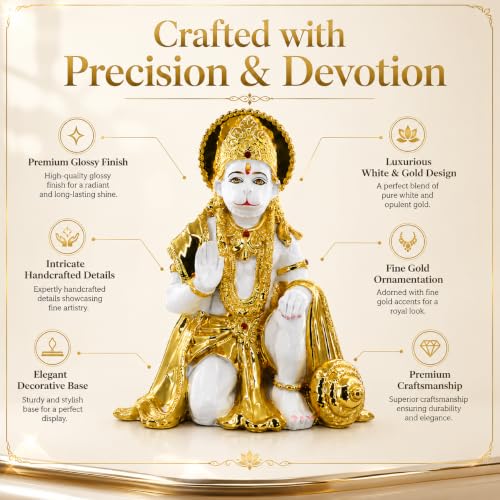 Image of Hanuman Idol Ceramic Showpiece, Golden & White Decorative Hanuman Murti for Pooja Room, Temple /Home Decor, Auspicious Gift (35 cm)