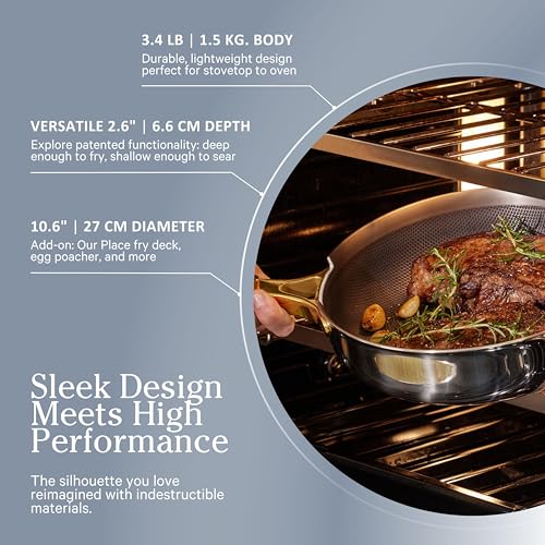 Our Place Titanium Always Pan Pro - 10.6” (2.8 Qt) No-Coating Nonstick Technology | Tri-Ply Titanium & Stainless Steel | Safe for Oven, Induction & Cooktops up to 1000°F | Beechwood Spatula | Chrome - Image 6