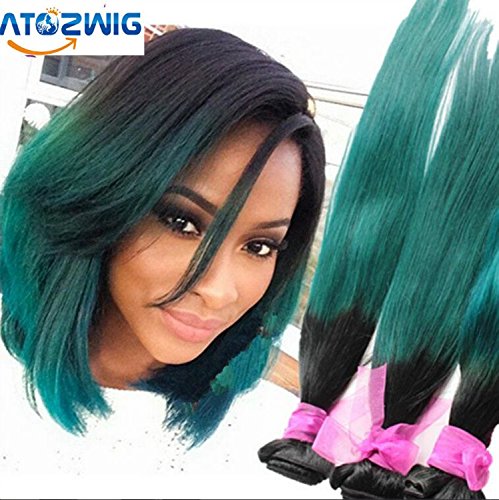 ATOZWIG@Ombre 2 Tone 1B Green Hair Weave Brazilian Virgin Remy Human Hair Extensions 3 Bundles Silk Straight Ombre Green Hair Weaving