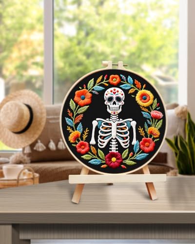 Image of TINDTOP Embroidery Kit for Adult Beginners, Embroidery DIY Starter Kit, with Stamped Patterns, Hoop, Tools, Colorful Threads with Needles, Instructions (Skeleton A)