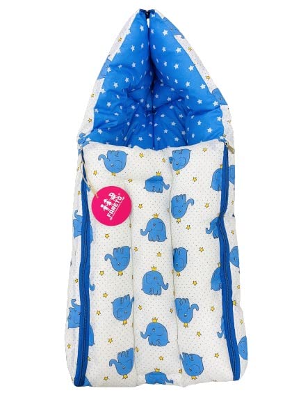Fareto 3 In 1 Baby Bed, Sleeping Bag & Carry Nest, Cotton Baby Bedding For New Born (0-6 Months) (Blue Elephant) - Pack of 1
