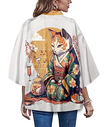 Image of LAI MENG FIVE CATS Women's Funny Cute Cat Cardigan Lightweight Kimono Loose Cover up Blouse Tops