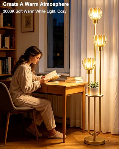 Image of Lightdot 3-Lights Glass Floor Lamp for Living Room Modern Gold Floor Lamps with Lotus Amber Glass Shade& Bulbs Included for Wedding /Party Tall Standing Lamp for Bedroom /Sofa Beside /Corner Decor
