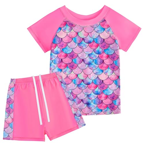 2 Piezas Traje de baño Infantil con Estampado de Sirenas, Manga Corta y pantalón Corto de Playa, cómodo y Transpirable, protección Solar Anti-UV para niños G2, 10-12 años