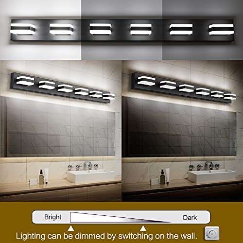 Image of SOLFART Bathroom Light Feature Modern LED Dimmable Matt Black Bathroom Vanity Light 6 Lights Acrylic Vanity Light Over Mirror ETL Listed