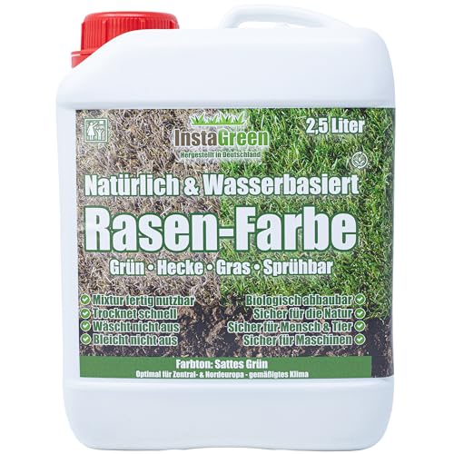 InstaGreen Premium Hecken- & Rasenfarbe 2,5 Liter - gebrauchsfertige Grasfarbe für Rasen und Hecken - Rasenlack gegen gelben Rasen - natürlich wasserbasiert sprühbar biologisch abbaubar