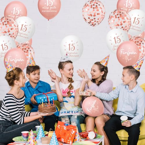 Luftballons 15 Jahre Geburtstag, 24 Stück Deko 15. Geburtstags Mädchen, 15 Alles Gute zum Geburtstag Ballons, Roségold 15. Geburtstagsdeko, 15th Birthday Ballon für Tochter