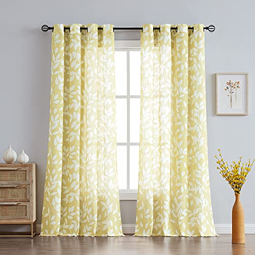 Image of Treatmentex White and Yellow Leaf Curtains for Living Room 72 inch Length Print Semi-Sheer Curtains for Kitchen Windows, Mustard Yellow, Grommet Top, 2 Pack