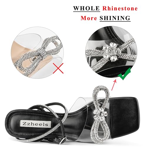 Image of Zzheels Double Bowknots Crystal Clear Shoes Strappy Sandals | Clear Slingback Heels, Rhinesotne Bow Sandals, Square Toe, Elegant Heels