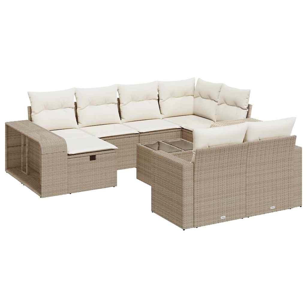 Juego de sofá modular de ratán sintético para jardín con espacio de almacenamiento y fundas de almohada extraíbles, 11 piezas, color beige