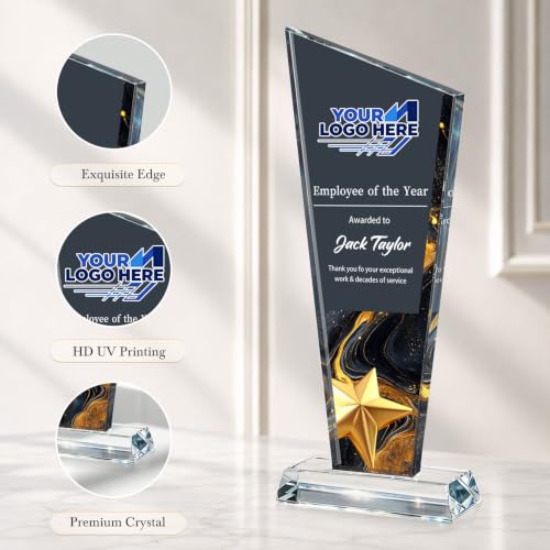 Image of Custom Crystal Trophy Award Personalized Plaque Award with Text Logo Photo Awards Trophies for Employee Recognition Team Graduation Personalized Office Gifts for Boss Coworker Teacher