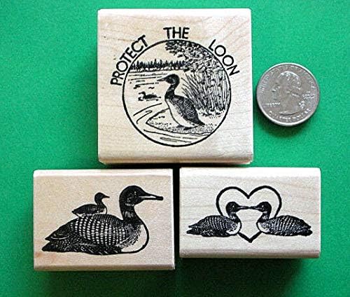 Wooden Mount Rubber Stamp for Card Making Protect The Loon 3-Piece Rubber Stamp Combo