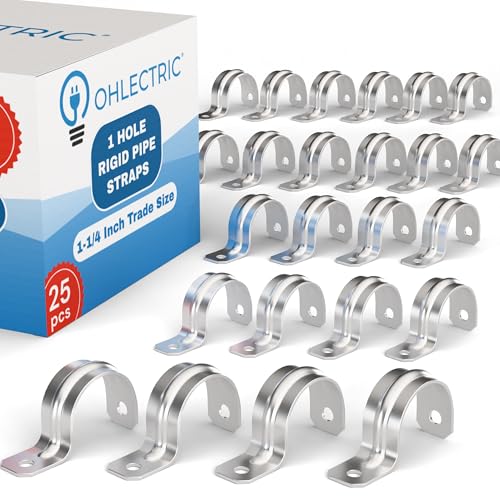 OHLECTRIC Heavy Duty Pipe Strap (25 Pack - 1¼ Inch) Zinc Plated Conduit Clamps, 1 Hole Steel RIGID Pipe Strap U Bracket, Zinc Coated Tension Tube Clip, Metal Pipe Clamp for RIGID Conduits by OHLECTRIC - Used condition - US$11.28