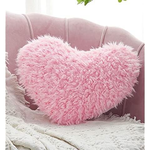 MOOWOO Fluffy Heart Pillow,Faux Fur Throw Pillow, Furry Velvet Soft Decorative Pillows, Colorful Shaggy Pillows Gift for Girls Gift for Girls, Valentine's Day Wedding Decorations (Pink, Fluffy Pink) Cover
