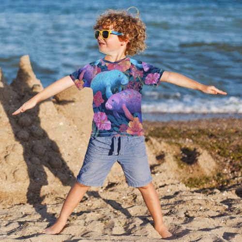 Boys Short Sleeve T-Shirts Ocean Floral Manatees Rashguard Kids Swim Shirts Sun UPF 50+4