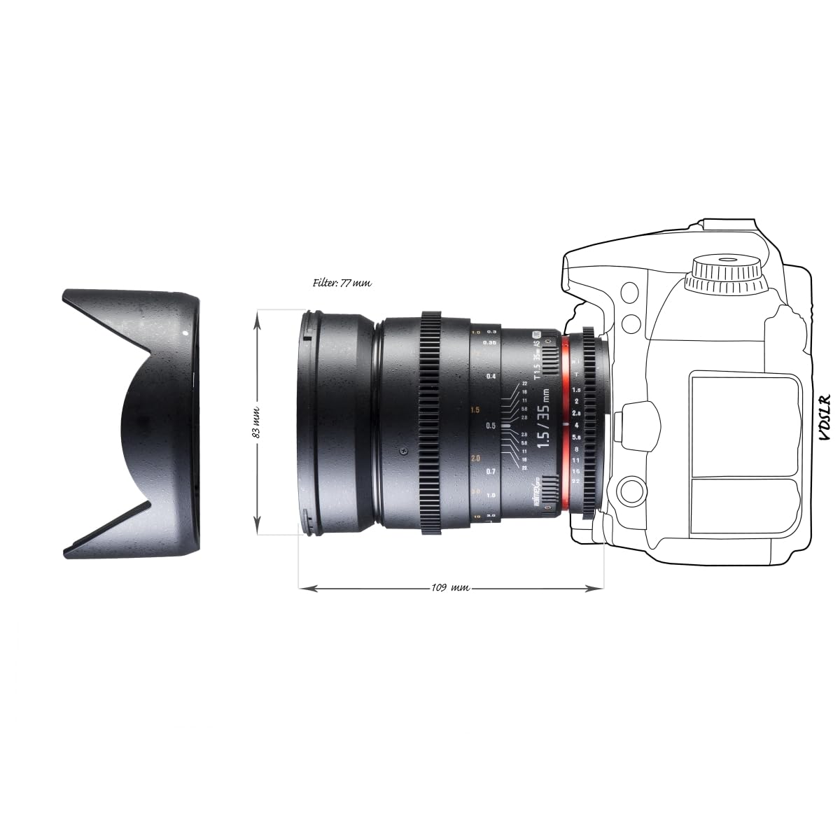 Walimex pro 35mm 1:1,5 VDSLR Foto- und Videoobjektiv (Filtergewinde 77mm, Gegenlichtblende, Zahnkranz, stufenlose Blende und Fokus) kompatibel mit Nikon F Objektivbajonett schwarz