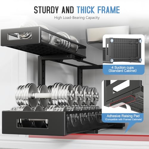 Image of 1 Pack 17IN Depth Under Sink Storage Organizer, Large 2-Tier Elegant Mesh Pull Out Shelf for Kitchen and Bathroom Cabinet Organization, L-Shaped and Adjustable Height Design-Black