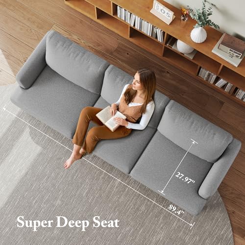 Image of Busaurus 3 Seater Sofa Couch with Deep Seats, 89 inch Mid Century Modern Upholstered Sofa with Armrests, Comfy Couches for Living Room, Bedroom, Apartment and Office, Grey