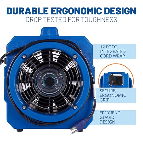 Image of BlueDri Portable 1 /5 HP, 870 CFM Mini Axial Air Mover Fan with Wall Mount Option for Water Damage, Drying and Ventilation, Blue, MA-870, Small