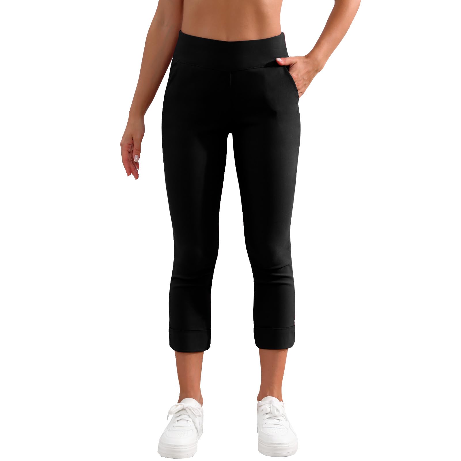 JAMfit Womens Pull-On Capri Pants Stretch High Waist Dressy Casual Cropped Pants with Pockets