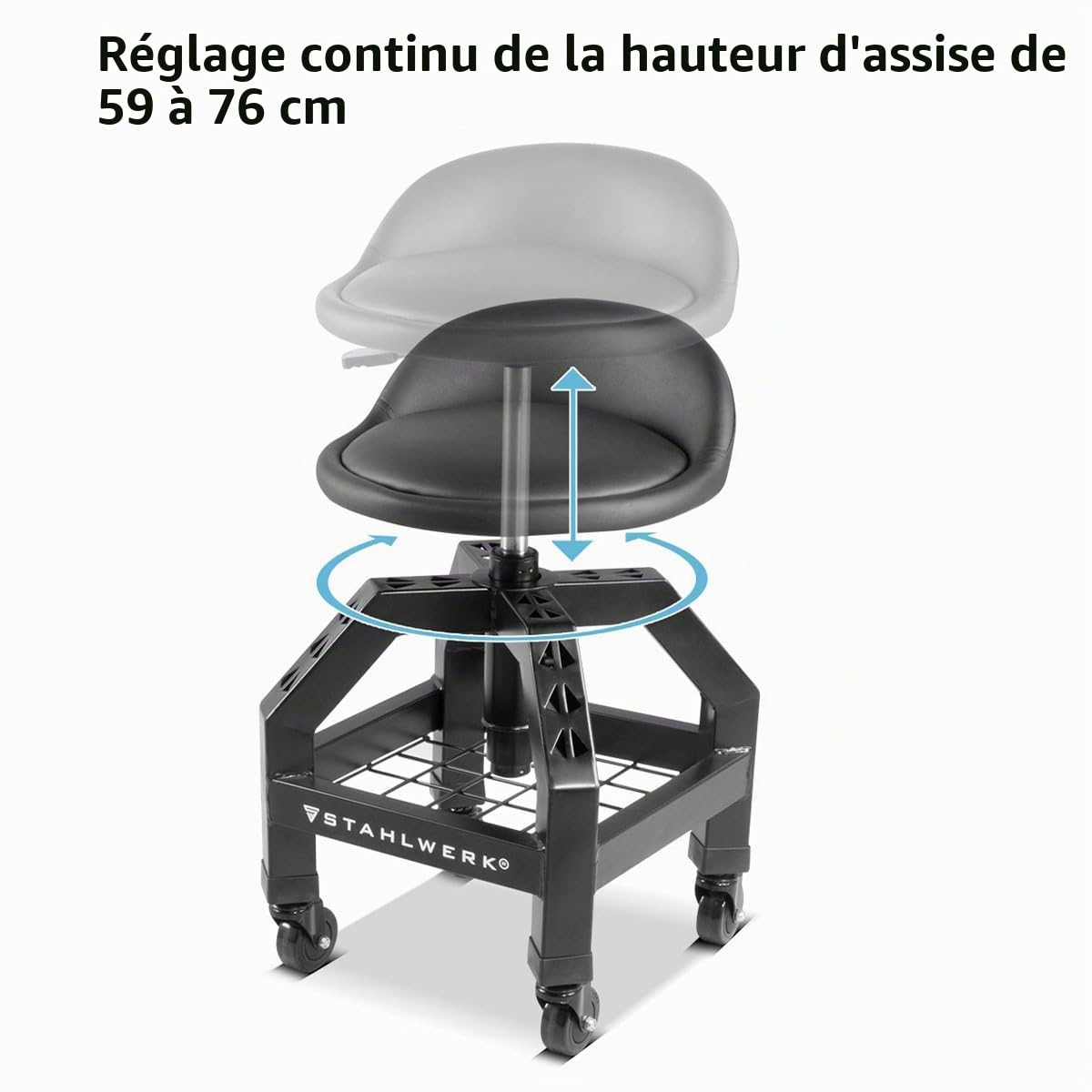 STAHLWERK Tabouret d'atelier réglable en Hauteur VWH-300 St avec Grand Compartiment de Rangement, Charge maximale 136 kg, Hauteur d'assise 59-76 cm, siège à roulettes/Tabouret à roulettes