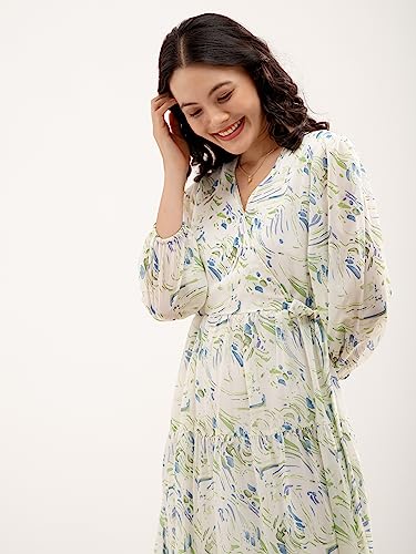 Image of AASK Abstract Printed Puff Sleeve Gathered Detailed Fit Flare Dress