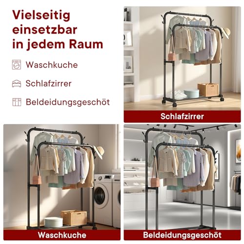 HYZCXPL Doppelstangen kleiderständer Auf Rollen, Einfache Montage Ausziehbare Kleiderstange Ohne Bohren, Clothes Hanger Stand für Waschküche und Wohnzimmer