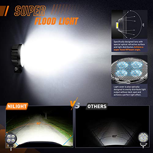 Image of Nilight 2 PCS 3 Inch LED Pods Round 1500LM Built-in EMC Work Light 90 Flood Beam Angle Offroad Side Lights w / 16AWG DT Wiring Kit for Tractor Truck Boat ATV UTV