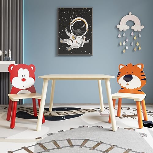 Image of Wood Table & Chairs 3 Pieces Set, Boys Girls Activity Table w / 2 Animal Shaped Chairs, Solid Wood Legs, Safe Rounded Corners, Playroom Furniture for Boys & Girls Activity Dining Drawing Craft.