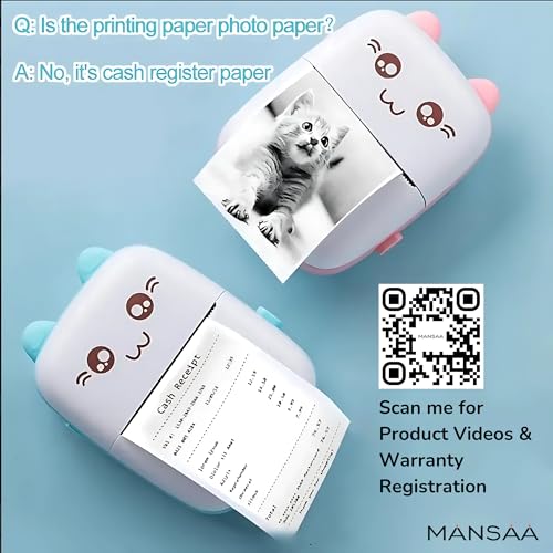 Image of MANSAA Mini Thermal Printer, Portable Bluetooth Pocket Printer for Android & iOS, Cute Cat Inkless Thermal Printer, USB Rechargeable Sticker & Label Printer for Notes, Study & Photos (White Pink)