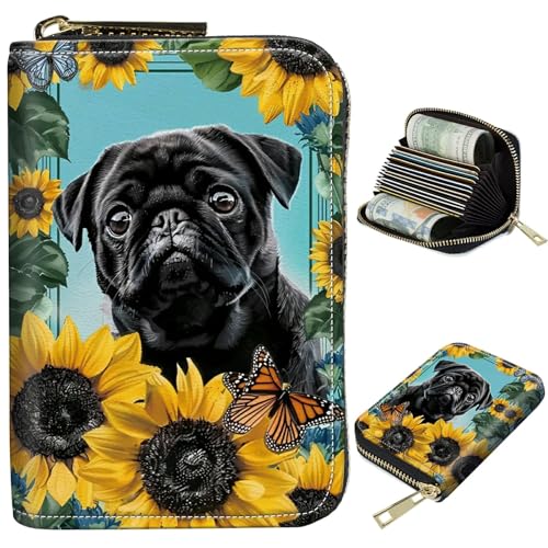 Image of Cute Credit Card Holder with Zipper, Sunflower Pug RFID-Blocking Card Case Small Wallet for Women Men, Multi-slot Card Organizer Case Travel Accordion Wallet