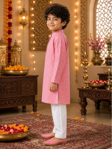 Image of Superminis Baby Boys Silver Foil Printed Cotton Kurta, Round Collar, Full Sleeves With White Pyjama