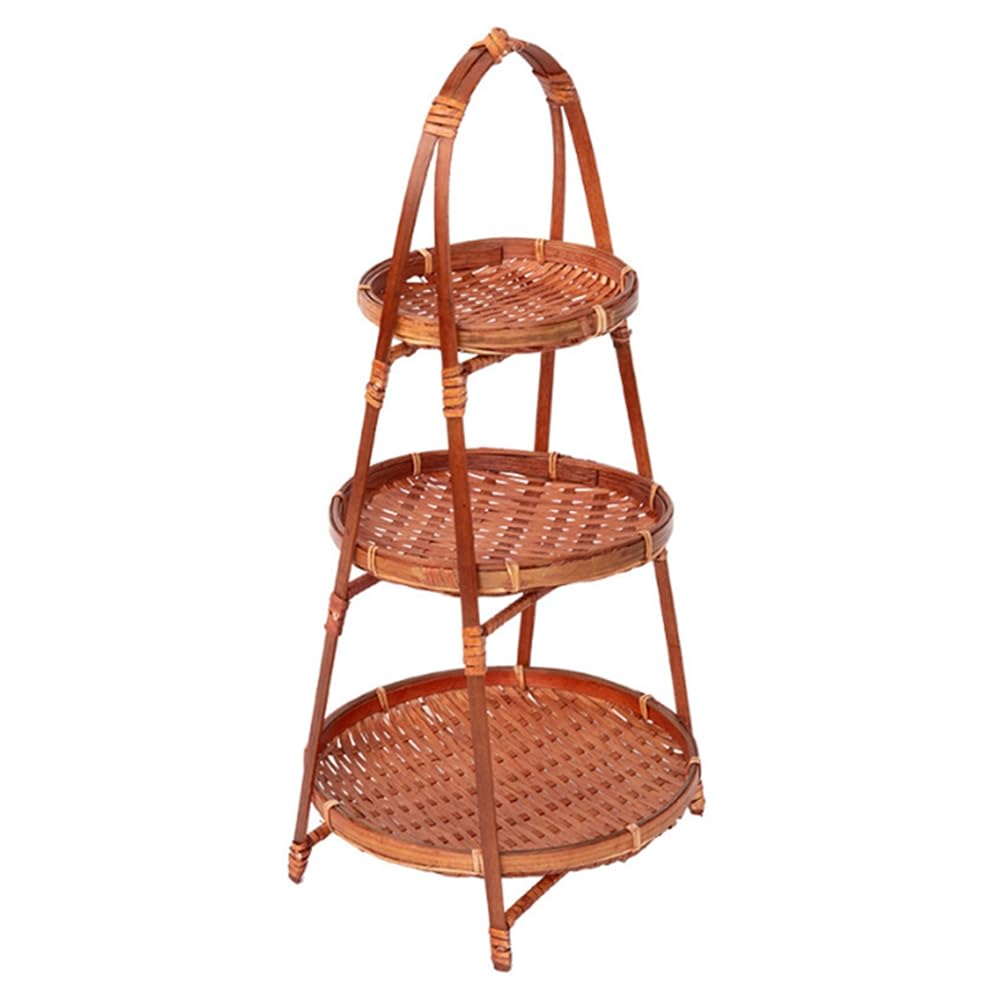 CTRLZS 3 Layers Handwoven Bamboo Woven Basket Standing Tray Multi-Function Fruit Food Vegetable Storage Basket for Kitchen 1Pcs