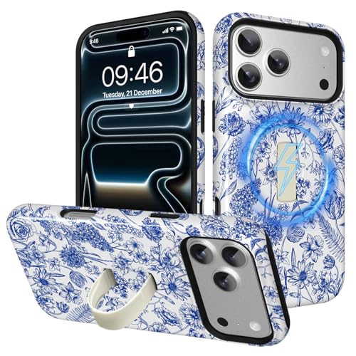 Image of Magnetic for iPhone 17 Pro Max Case with Finger Strap Kickstand [Compatible with Magsafe] Cute Flower Floral Pattern Design, Dual-Layer Shockproof Protective Cover for Women Men, Blue