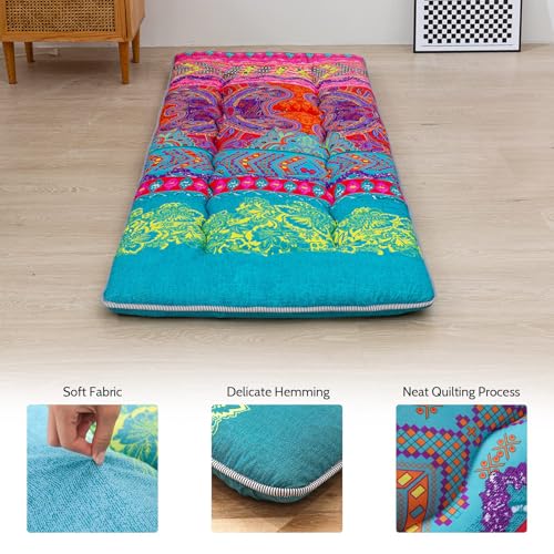 Image of MAXYOYO Bohemian Floor Bed, Japanese Futon Mattress, Narrow Twin Single Bed, Foldable Roll Up Camping Cot for Adults