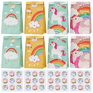 Zitfri Cadeautasjes, van papier, voor kinderverjaardag, eenhoorn-regenboogmotief, 24 stuks, met 36 stickers, voor…