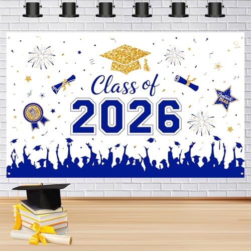 Graduation Decorations 2026 Backdrop Banner - Blue Gold Congrats Grad Photo Props Class of 2026 Graduation Party Decor Large 72 x 44 Inch Backdrops for Photography