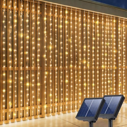 Daidasy 2 Pack Solar Curtain Lights Outdoor 20ft x 10ft 480 LED in Total Solar Powerd String Lights Waterproof Waterfall Lights Outside for Garden Party Wedding Decr