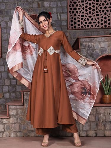 Image of EthnicJunction Women's Cotton Silk Embroidered Anarkali Kurta Palazzo with Digital Print Dupatta Set