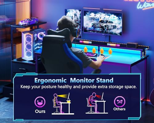 Image of AODK 59 Inch Gaming Desk with LED Light- Reversible Computer Desk with Storage Shelves & Monitor Stand, Fabric Drawers Fits Compact PC Towers, Black